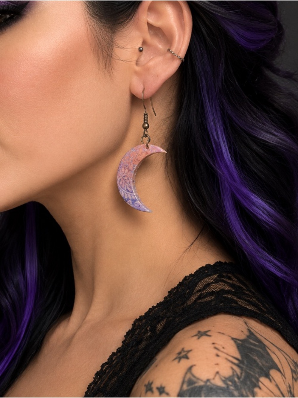 PRICE DROPPED Hand Crafted Pink and Purple Crescent Moon Artisan Made Earrings